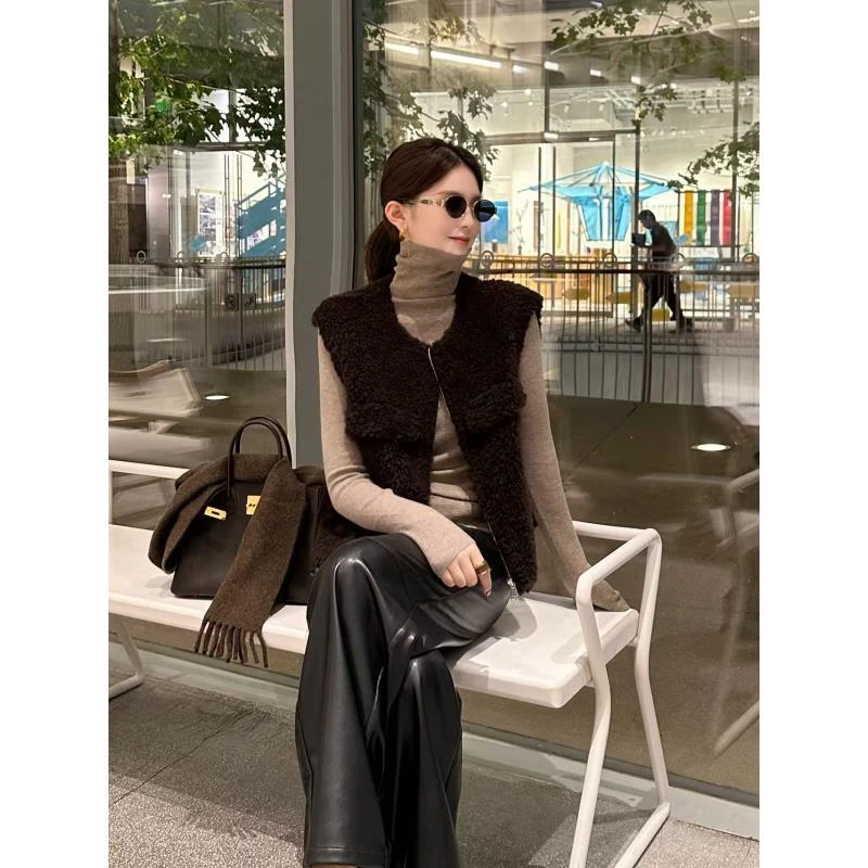 R123377W百搭马夹毛马甲常规款纯色复古港风女极简风秋冬气质
