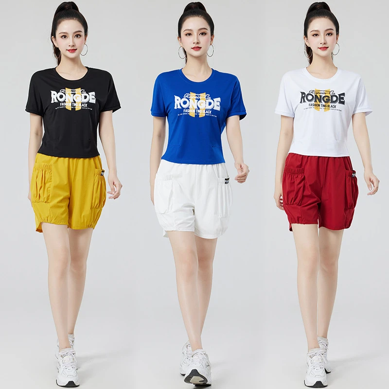 夏季新款广场舞健身操户外跑步运动休闲透气落肩跑步健身短裤套装