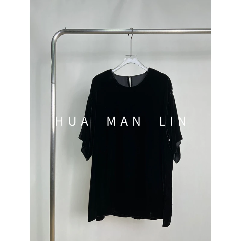 【花满林】圆领后扣阔版真丝桑蚕丝丝绒短袖上衣259634