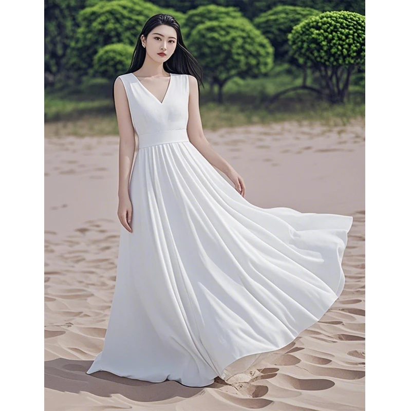 纯色无袖长裙气质雪纺连衣裙法式简约时尚白色长裙海边度假裙子