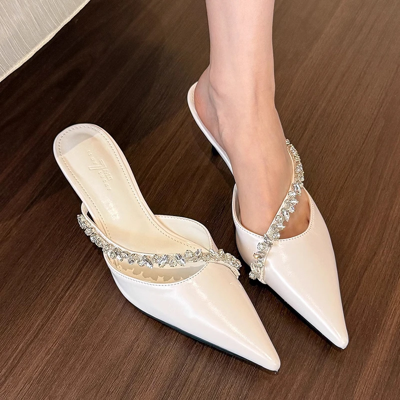 富贵千金！白色尖头水钻高跟鞋女2025春季新款小众气质细跟半拖鞋