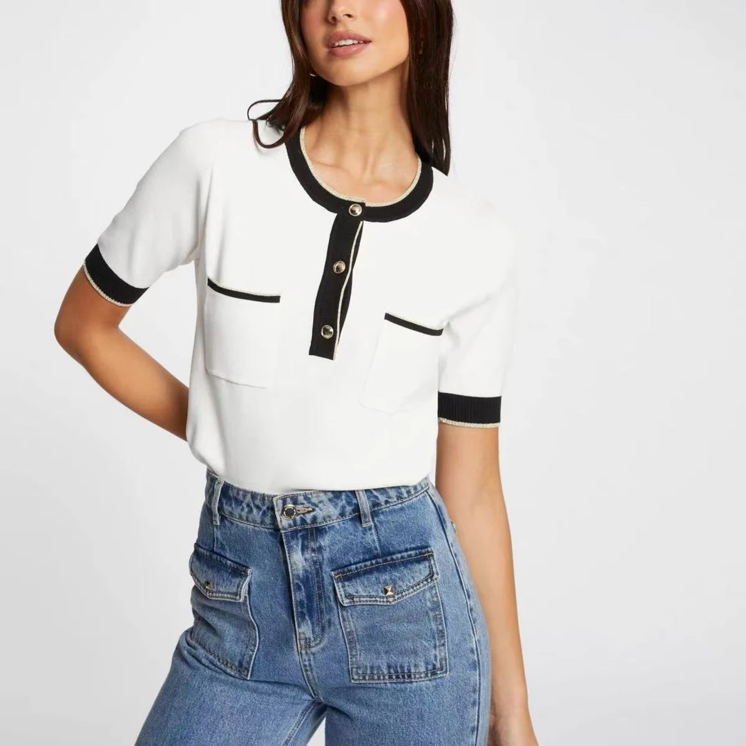 法单微微瑕疵复古小香风修身短袖针织衫纽扣领针织春款薄女上衣