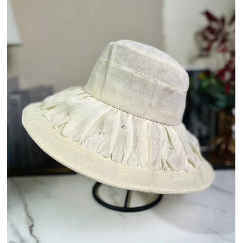 【夜水珠华】品牌同款外贸出口天丝麻大帽檐手工钉珠遮阳透气渔夫帽