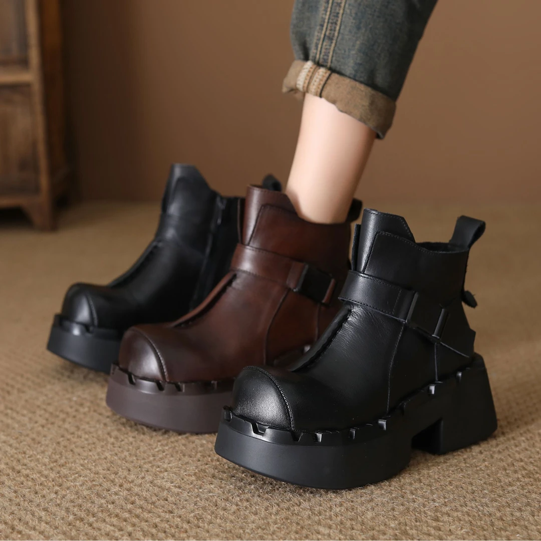 头层牛皮马丁靴女粗跟高跟2025新款秋季英伦风厚底短靴子真皮显高