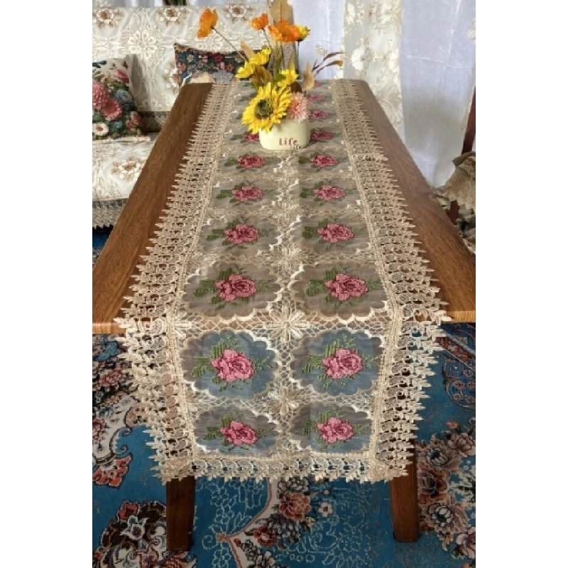 ZN029-81玻璃纱【40*185】咖红十字绣高织高密玻璃纱桌布