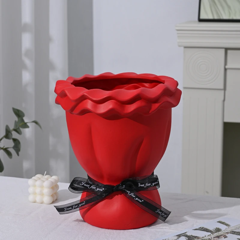 【花束大号】红色法式轻奢高级陶瓷花盆客厅餐桌鲜花绿植花器