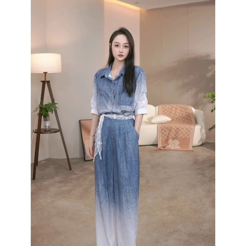 【达人专属】2025新款夏季时尚复古渐变衬衫阔腿裤三件套10268