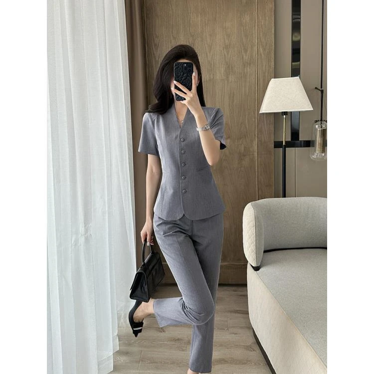 2025年春秋春夏时尚职业薄款气质修身显瘦高级藏青色短袖新款西装