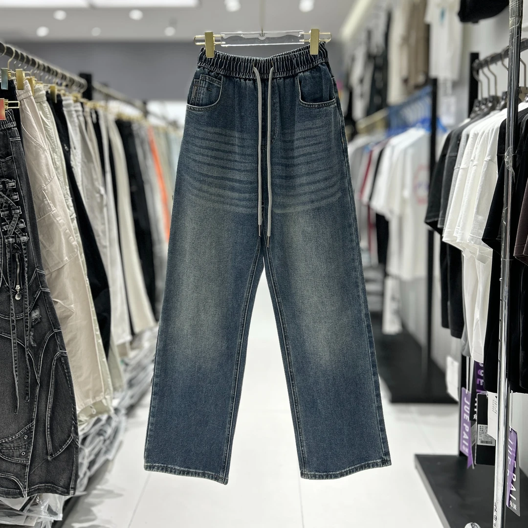 实体25秋季新款直筒裤男款抽绳松紧腰水洗猫须宽松直筒牛仔裤6009