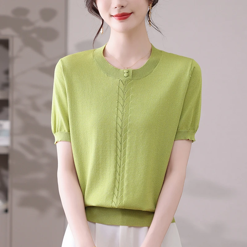 时尚减龄大码冰丝针织衫宽松显瘦薄款上衣百搭洋气圆领短袖T恤女