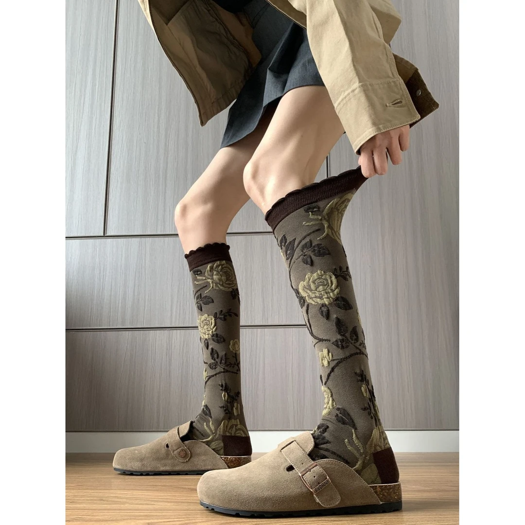 法式复古气质高智巴恩风穿搭及膝袜设计感玫瑰花咖色秋小腿袜mmh