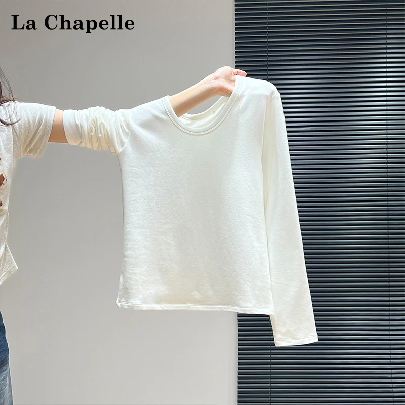 拉夏贝尔纯色简约加绒加厚长袖打底衫女装秋冬季修身内搭保暖上衣