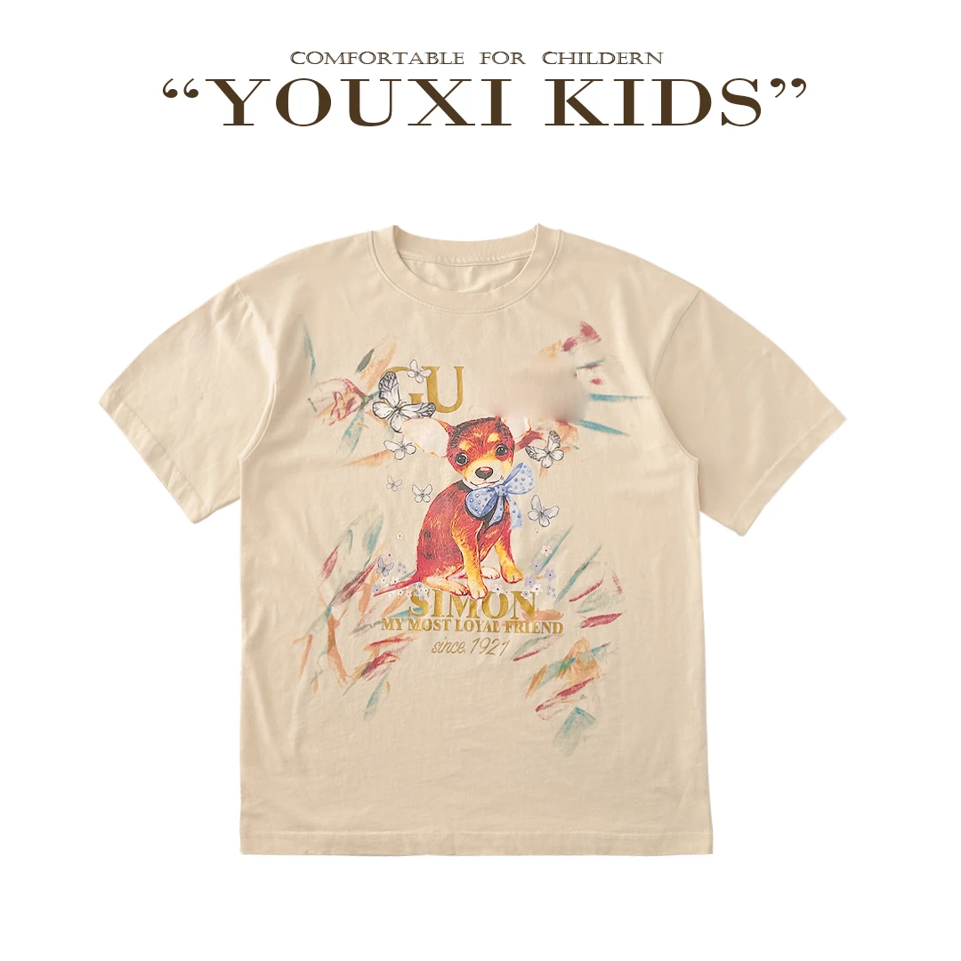 现飞飞家·彩绘盘夏季美式复古杏色小众oversize设计感上衣 FF2798