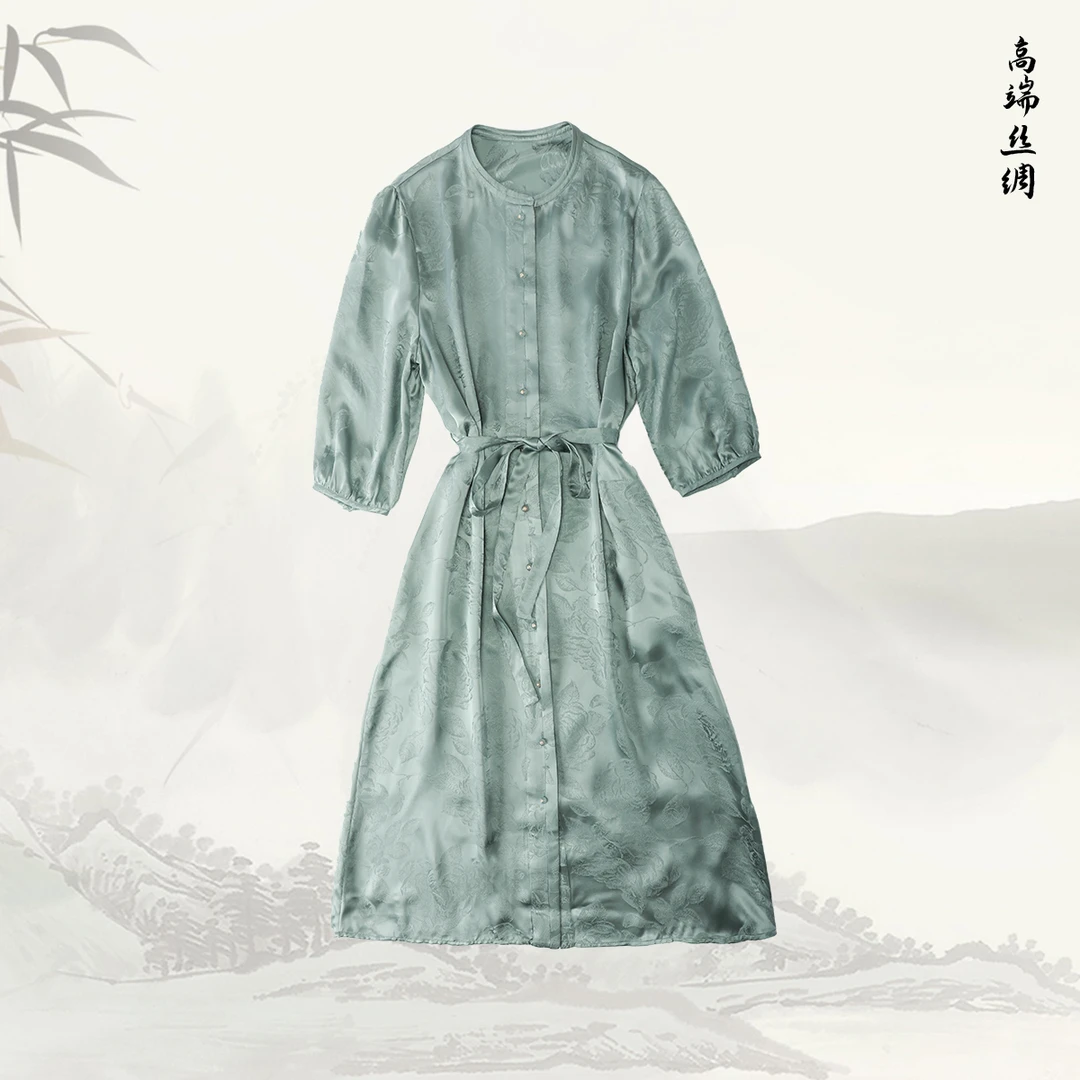 品牌新款纯色提花圆领真丝通勤连衣裙519638