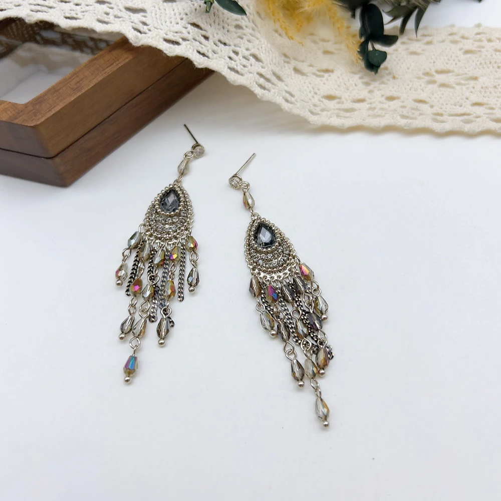 铜合金仿水晶耳饰 银针 02766 好啊商店 复古流苏耳钉长款