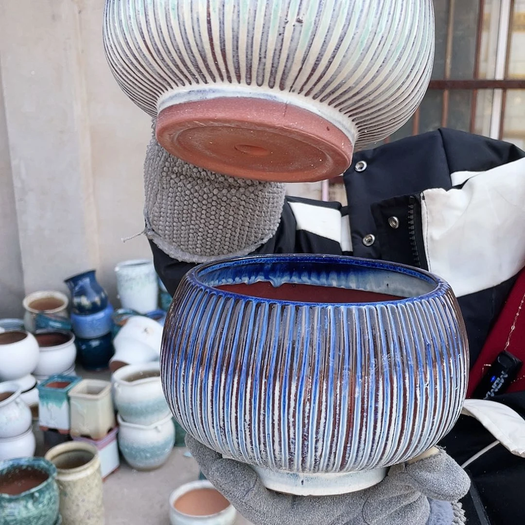 红陶两个拼盘竖条纹