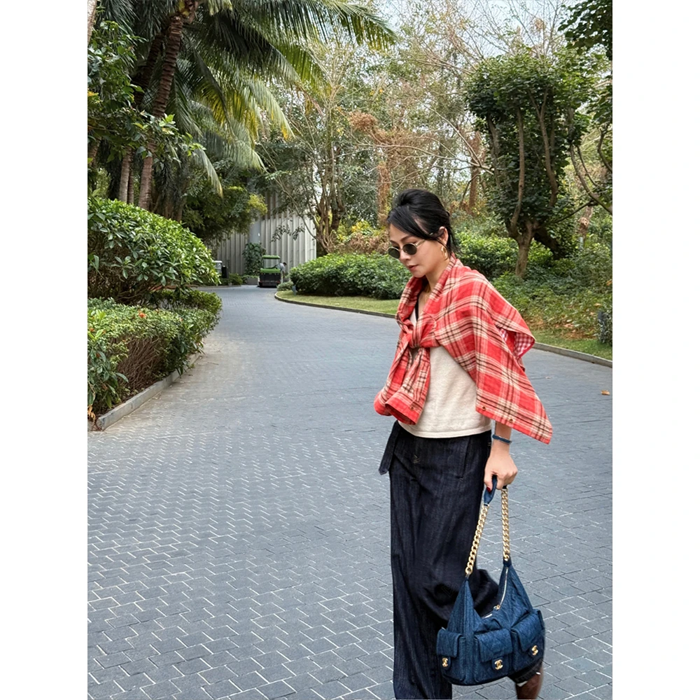 SHIIEELL现货 双层棉纱复古红格子长袖衫女夏季新款百搭外套PY258