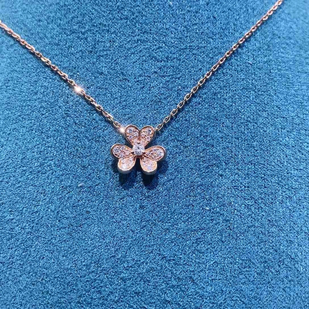 项链钻石18K金镶嵌k玫三叶草小号项链