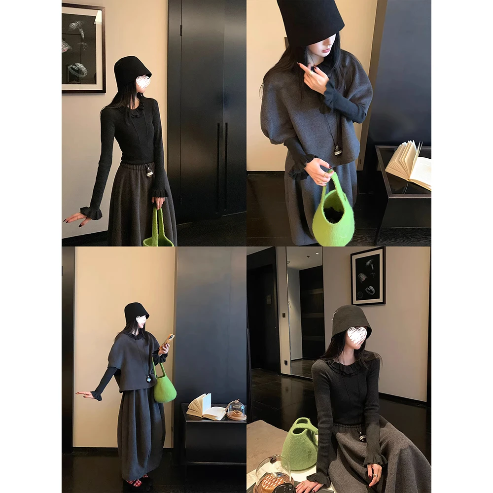 宽松半袖上衣泡芙花苞裙双层花边针织衫套装81611+81612+81613