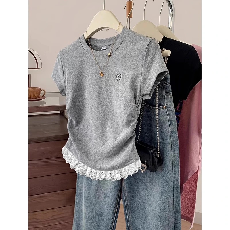 胖妹妹大码超好看独特蕾丝边刺绣爱心正肩T恤女春夏修身短袖上衣