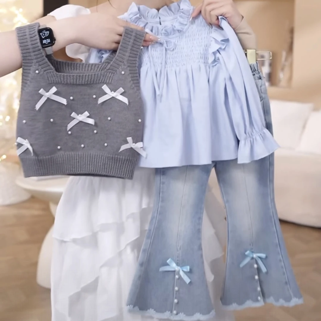 女童秋装三件套2025新款童装中小童洋气时髦衬衫马甲牛仔裤套装潮