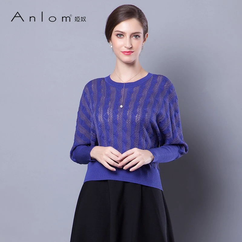 Anlom/娅奴秋装女新款纯色简约桑蚕丝修身套头镂空针织衫女上衣