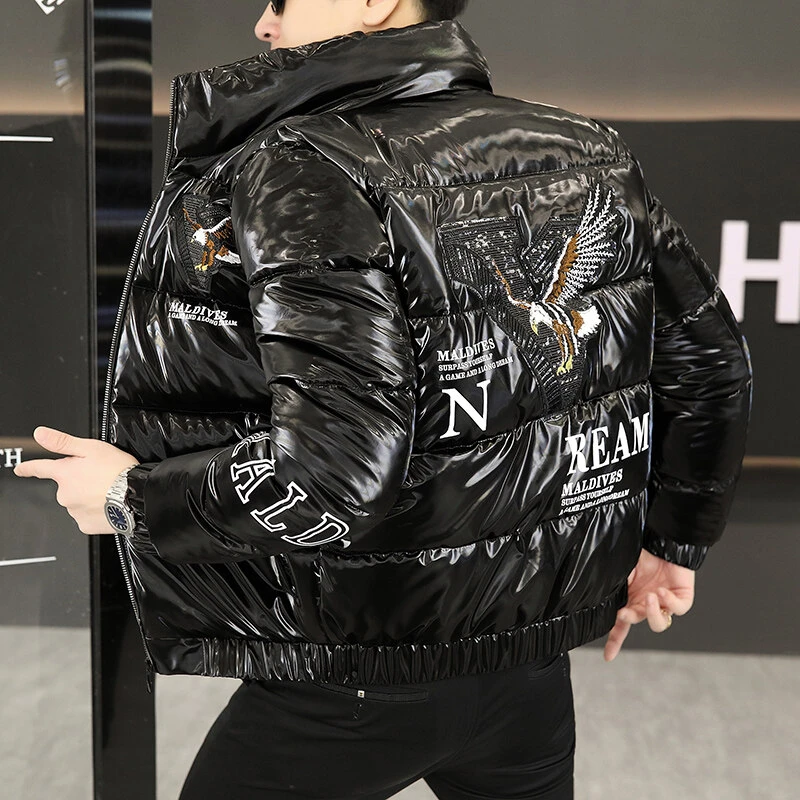 秋冬加厚保暖立领棉衣男士痞帅亮面欧货短款棉服字母拼接棉袄外套