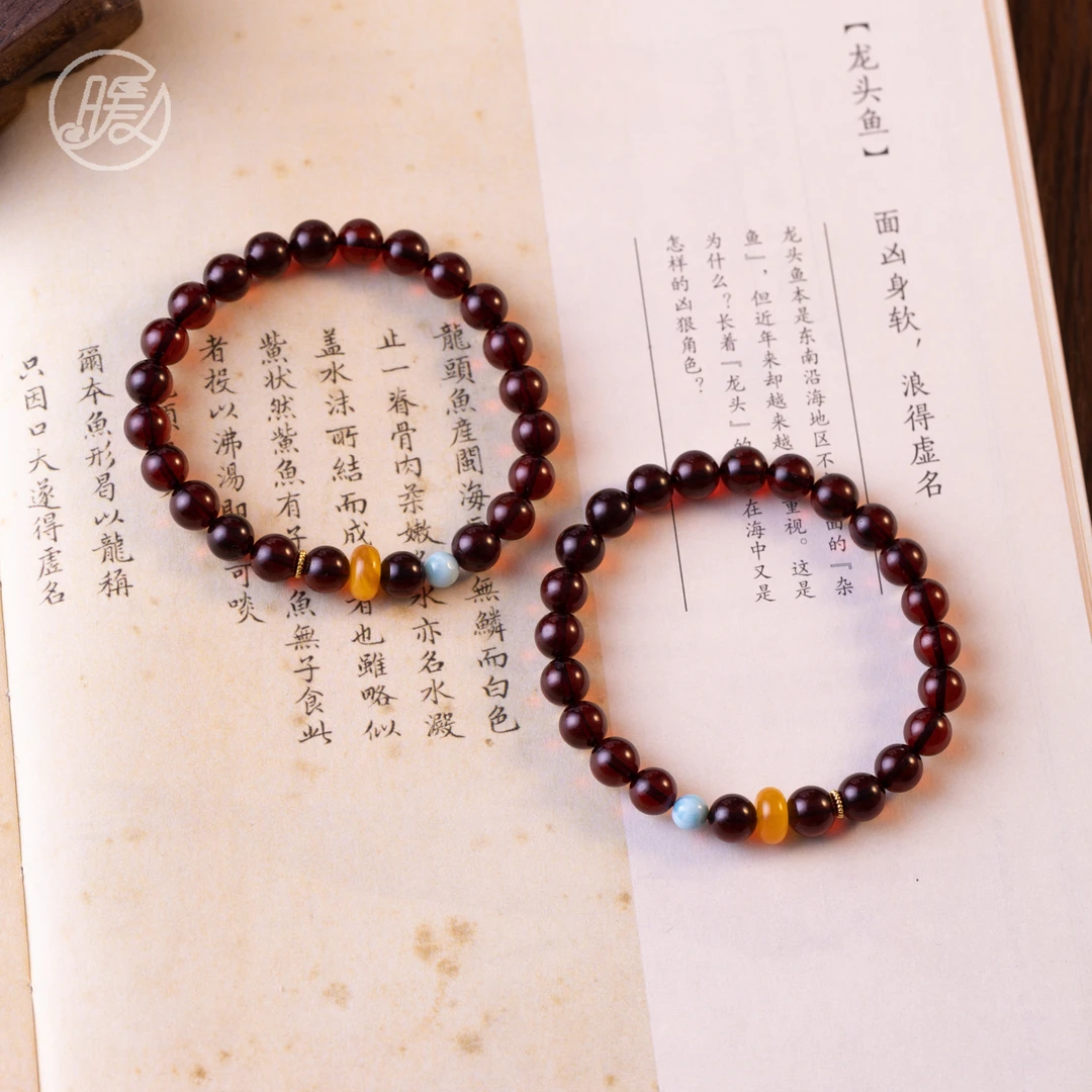 单圈血珀手串7mm搭配海纹石蜜蜡路路通E7120多样性发一