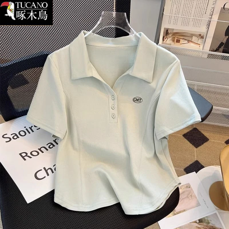 啄木鸟2025年新款纯色刺绣气质上衣夏季短袖女装POLO领设计感t恤