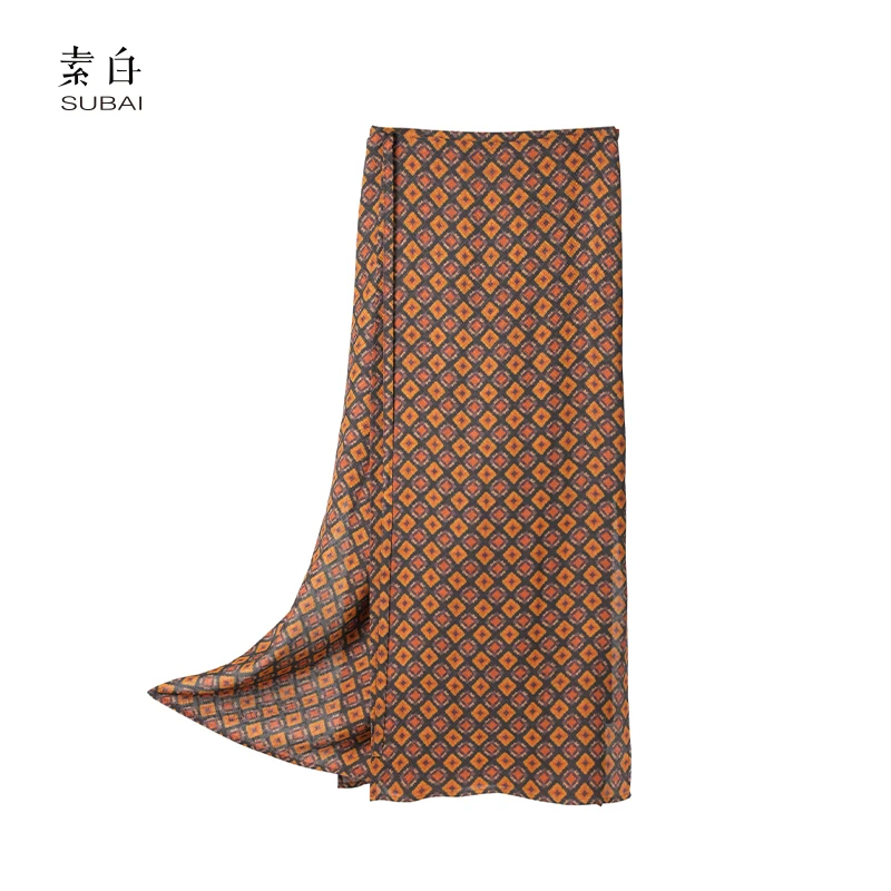 素白设计感【菱花格】Q01583复古老钱几何印花长裙裹裙半身裙