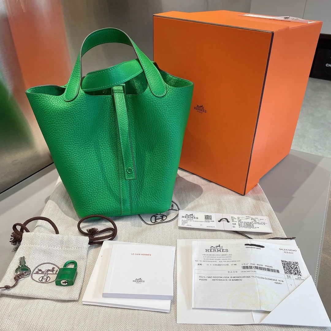 99新 Hermes/爱马仕 爱马仕 菜篮子 水桶包 单肩荔枝纹 绿色