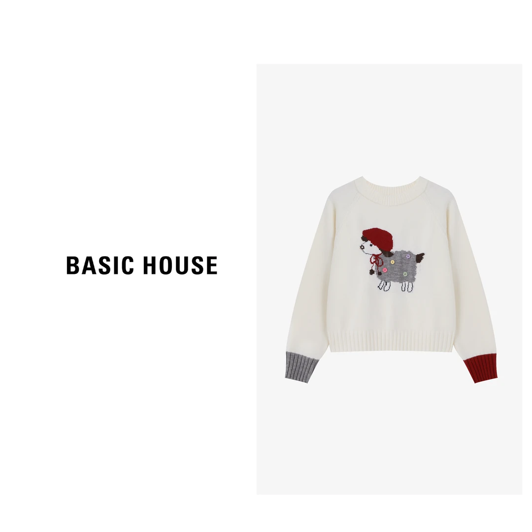 Basic House/百家好慵懒松弛感戴蓝帽小羊提花毛衣-B0625B5SCI2