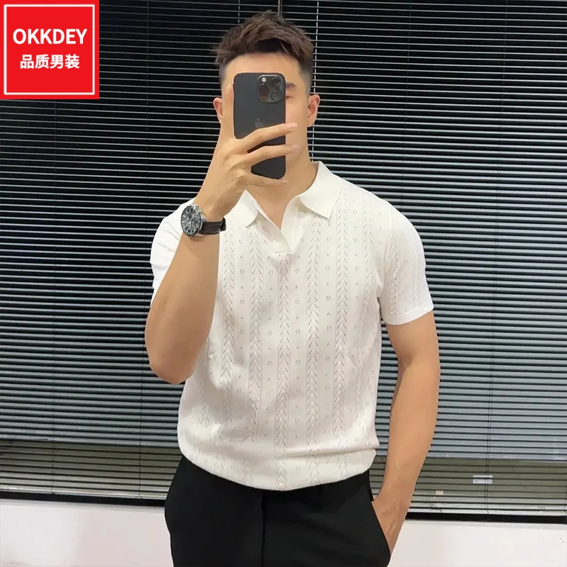 okkdey高级感男士冰丝针织polo衫夏季新款潮流V领短袖时尚镂空t恤