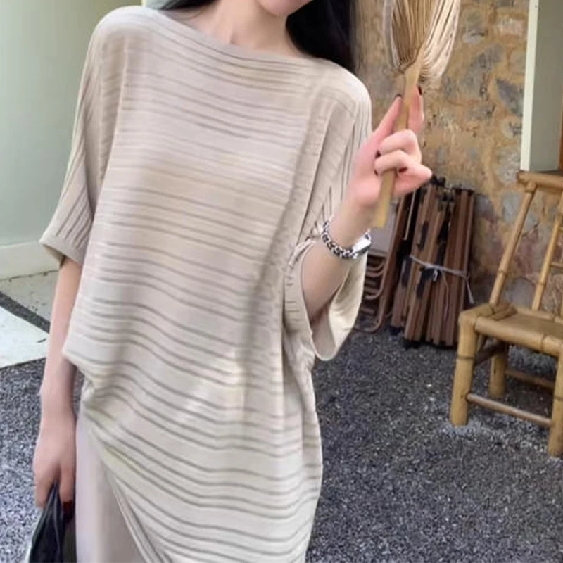 老钱风穿搭法式莱赛尔冰丝亚麻针织短袖T恤女夏季宽松设计感上衣