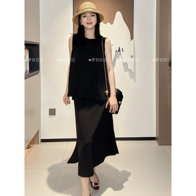 气质时尚无袖半裙套装优雅小香风时尚开叉上衣
