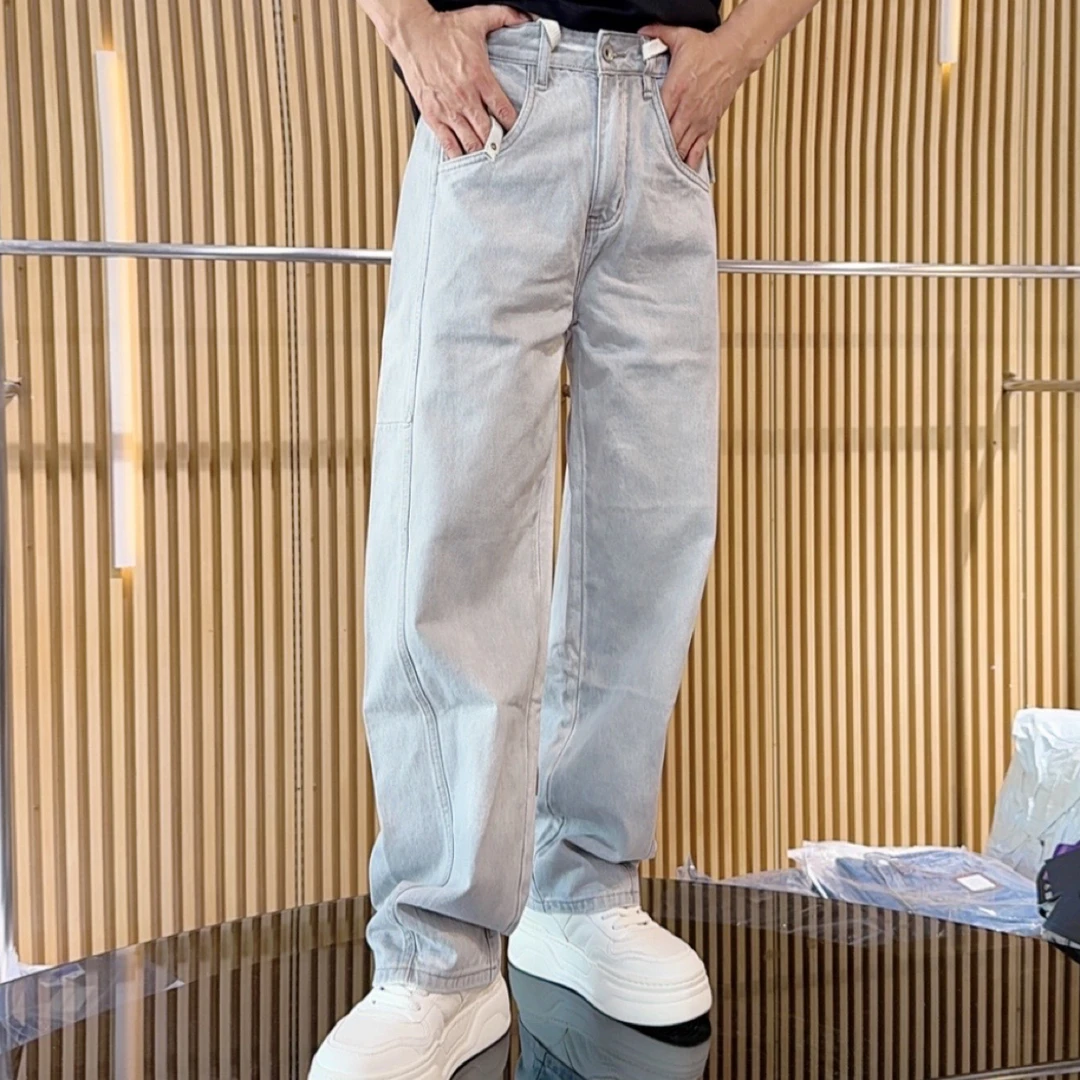 花火鸟秋季灰色直筒弯刀牛仔裤男高腰宽松复古时尚休闲2086裤