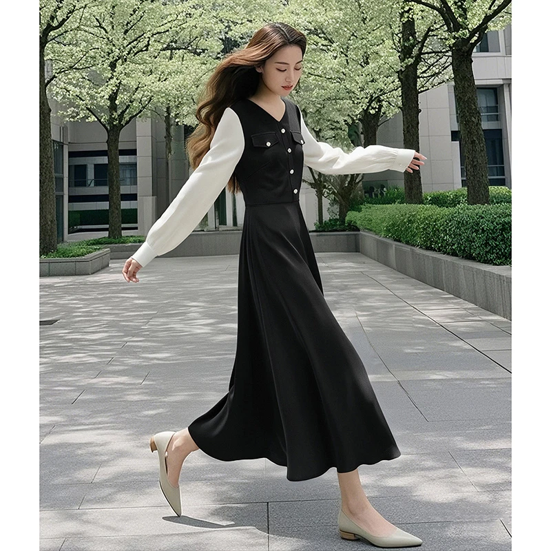 晚白【断码清仓拼手速】裙子V领长袖连衣裙24082713