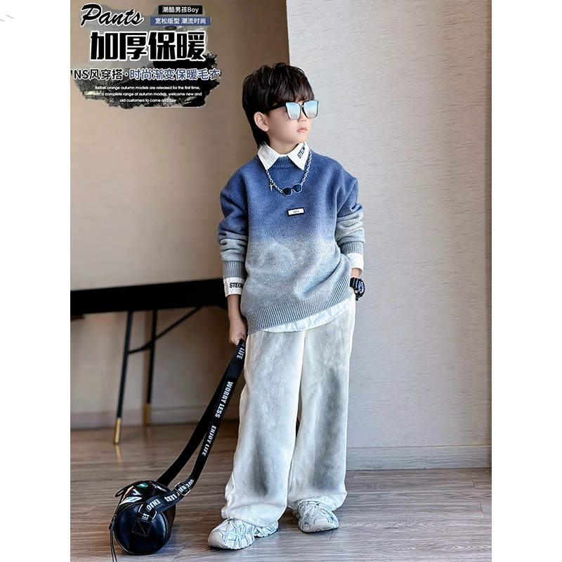 男童冬季保暖圆领渐变长袖针织衫中大童韩版宽松潮酷简约儿童毛衣