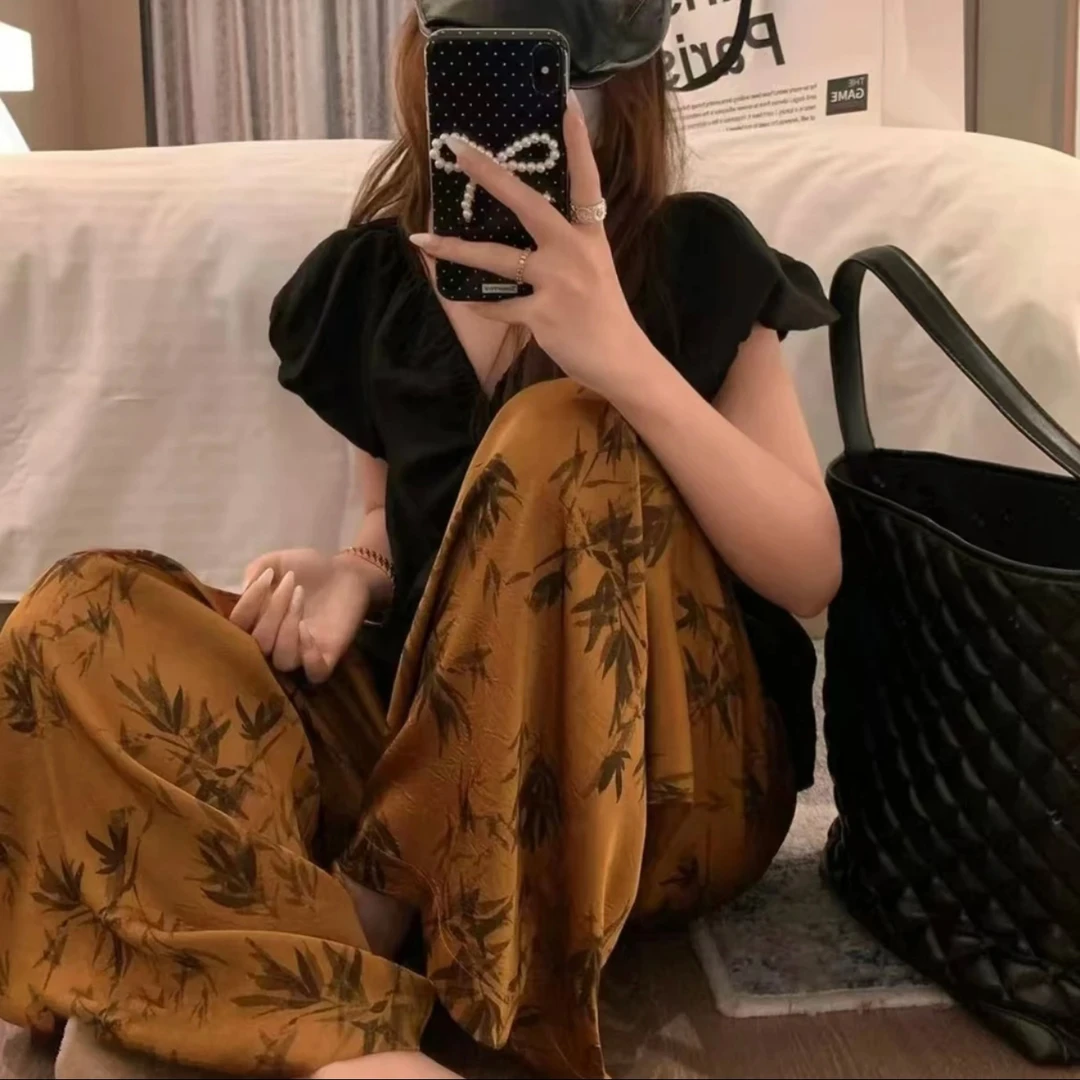 女士薄款春夏季居家人造棉绵绸睡裤沙滩九分加大码宽松棉绸阔腿裤