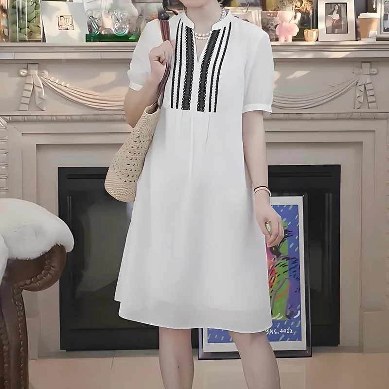 轻奢高级感直筒优雅短袖连衣裙女夏季新款时尚百搭气质显瘦中长裙