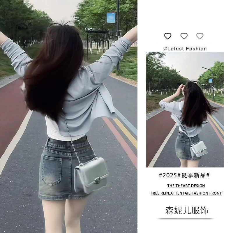 夏季穿搭一整套2025新款韩版时尚百搭开衫吊带显瘦牛仔短裙三件套