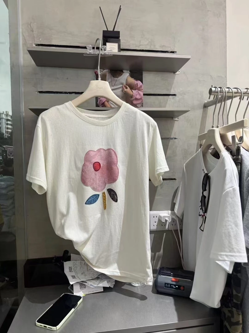 2025夏季新款雪花棉超柔花朵印花刺绣白色女短袖女款纯棉半袖圆领