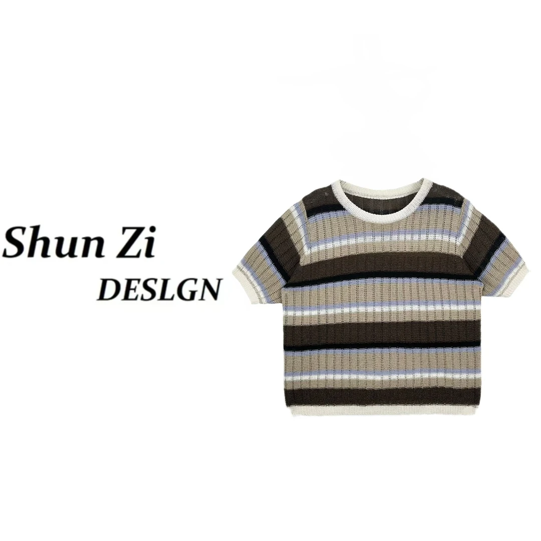 顺子/SZ7019 夏季新款2025韩版和纸纱时尚百搭拼接撞色显瘦针织衫