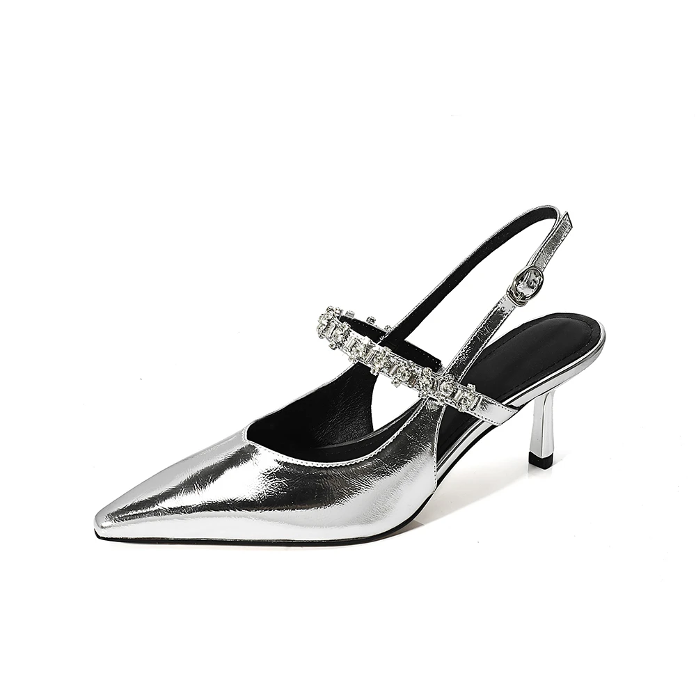 柒嘉2025专柜新款真皮绝美不累脚尖头水钻高跟鞋女包头一字带凉鞋