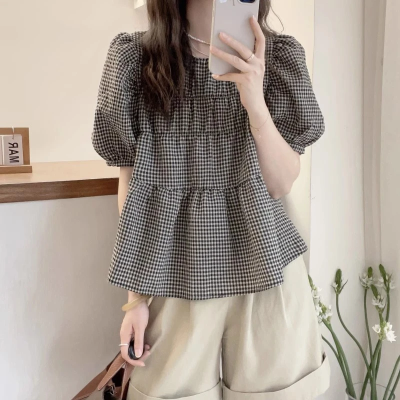 复古港风泡泡袖格子娃娃衫女夏季微胖大码显瘦上衣甜美减龄衬衫潮