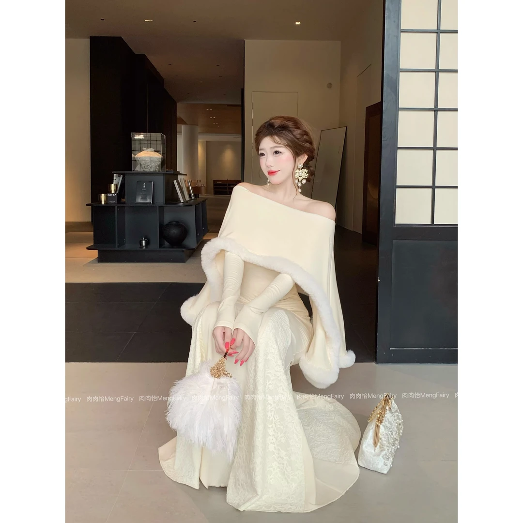 萌面侠肉肉怡【双翼天使】假两件贵女风重工氛围感鱼尾连衣裙6837B