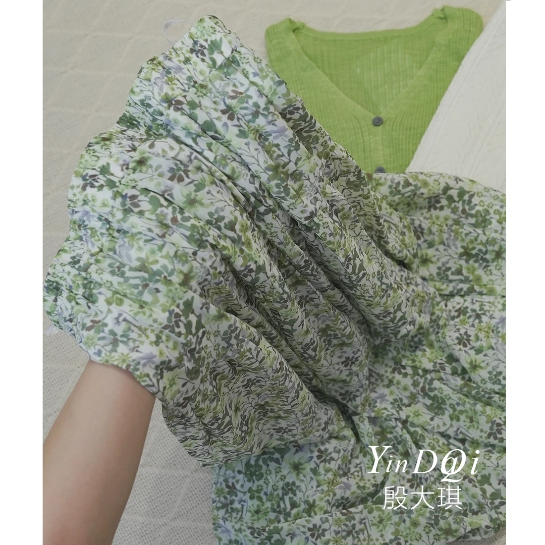 乔其纱【清新绿花】~夏季松紧腰显瘦百搭半身裙女