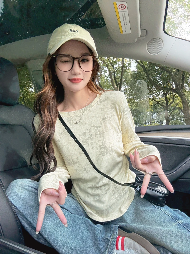 慵懒风褶皱扎染长袖T恤女早秋2025新款韩版显瘦遮肉打底衫上衣服