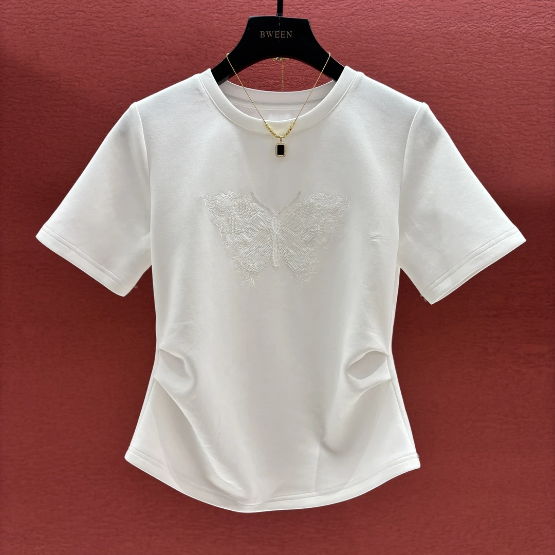 【亮片绣蝴蝶】25年夏季白色女士时尚半袖重工亮片刺绣短袖T恤