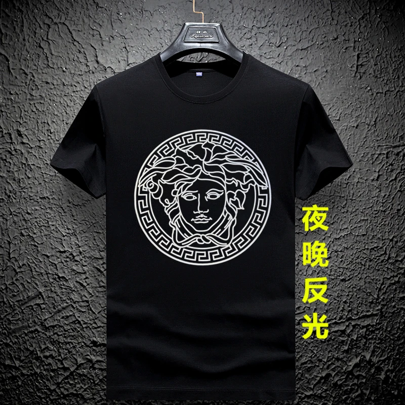 VERSACF美杜莎夏季冰丝圆领短袖T恤男烫钻时尚潮牌大码宽松百搭